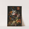 Still Life With Hollyhock, Carnations, And Various Flowers In A Vase On A Plinth With A Melon, Cherries, Grapes And Plums On A Ledge by Gaspar Peeter Verbruggen the Younger