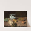 Still life with leeks, apples and cheese (1880s) by Carl Schuch