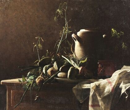 Still Life with Leeks, Potatoes and Fennel on Commode Tabletop