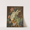 Still life with lilies, poppies, plums, melons and grapes on a ledge with insects by Paul Theodor Van Brussel