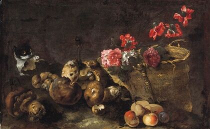 Still Life With Mushrooms, Fruit, A Basket Of Flowers And A Cat