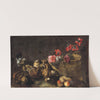 Still Life With Mushrooms, Fruit, A Basket Of Flowers And A Cat by Simone Del Tintore
