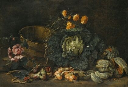 Still Life With Onions, Figs, Cucumbers, A Cabbage And Some Flowers Arranged On The Floor Next To A Wooden Tub