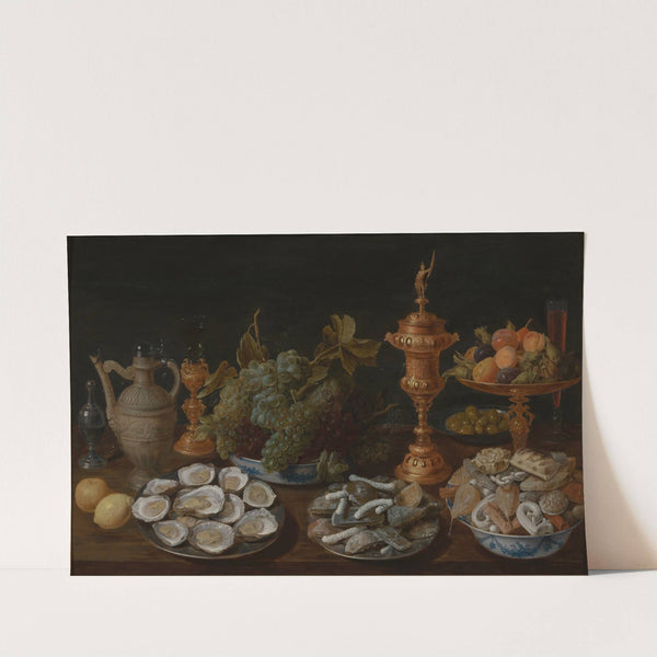 Still life with oysters, fruit, sweets and costly vessels by Jacob Foppens van Es