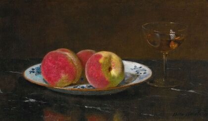 Still life with peaches and glass