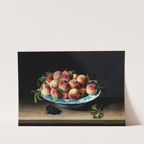 Still life with peaches in a chinese ming porcelain on an entablature by Louise Moillon