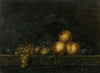 Still life with peaches, plums, grapes and figs on a marble ledge