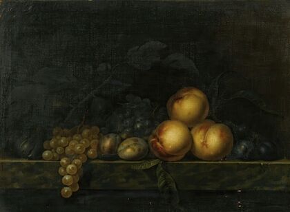 Still life with peaches, plums, grapes and figs on a marble ledge