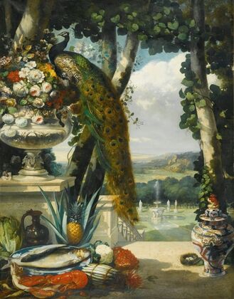 Still life with peacock, flowers, fruit and japanese vase, an extensive park landscape beyond — size preview