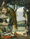 Still life with peacock, flowers, fruit and japanese vase, an extensive park landscape beyond