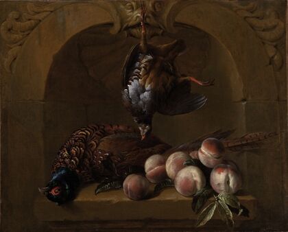 Still life with red-legged partridge, pheasant and peaches — size preview