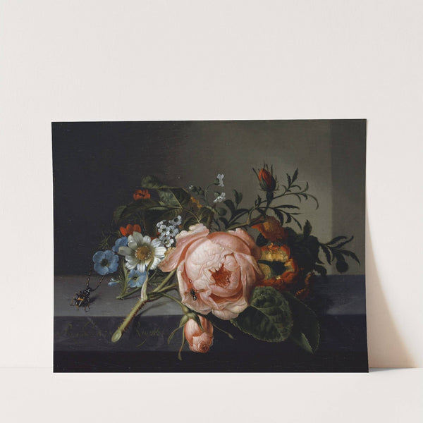 Still Life With Rose Branch, Beetle And Bee by Rachel Ruysch