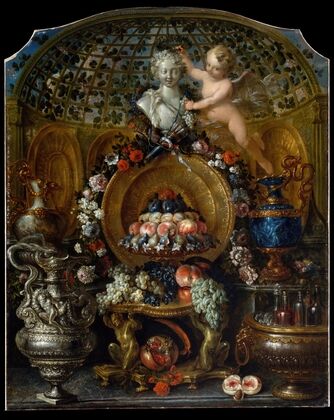 Still Life with Silver and Gold Vessels, Fruit, and Flowers — size preview