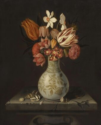 Still Life With Tulips, Crocuses, Primroses And Other Flowers In A Vase On A Stone Plinth With Shells — size preview