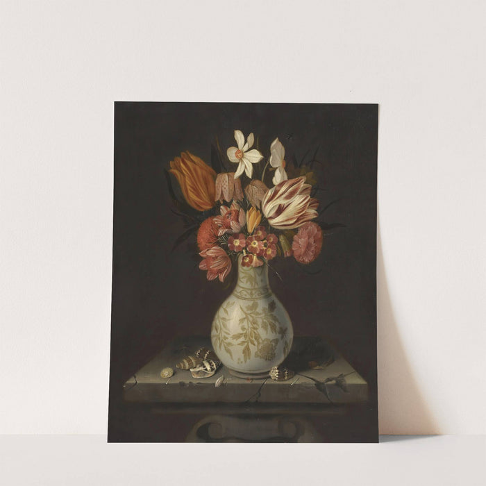 Still Life With Tulips, Crocuses, Primroses And Other Flowers In A Vase On A Stone Plinth With Shells by Jan Baptist van Fornenburgh