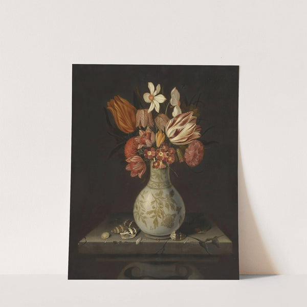 Still Life With Tulips, Crocuses, Primroses And Other Flowers In A Vase On A Stone Plinth With Shells by Jan Baptist van Fornenburgh