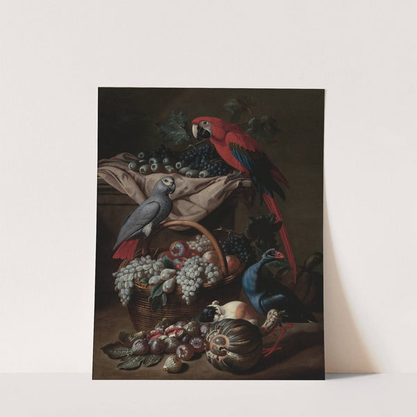 Still Life With Two Parrots, A Guinea Pig, A Basket Of Fruit And Fowl by Jacob van de Kerckhoven