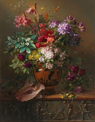 Stilleven met bloemen in een Griekse vaas; allegorie op de lente