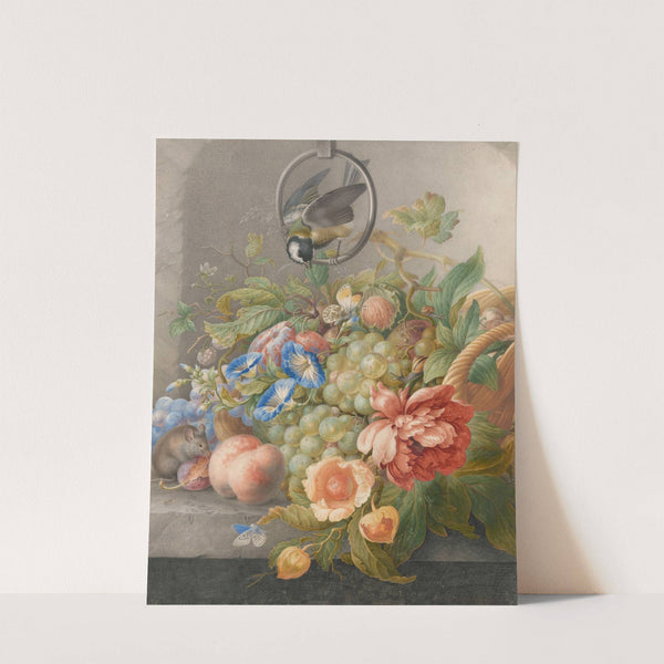 Stilleven met bloemen, vruchten, een koolmees en een muis by Herman Henstenburgh
