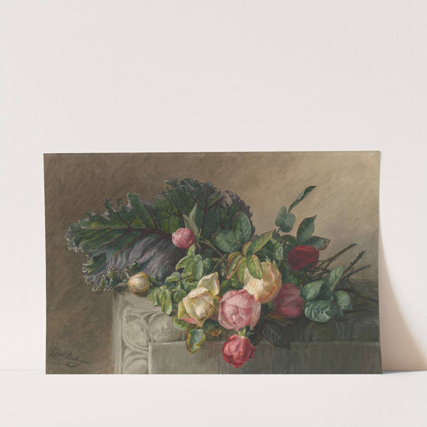 Stilleven met rozen en koolblad by Gerardina Jacoba van de Sande Bakhuyzen