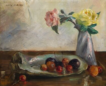 Stillleben mit Blumen in Vase, Muschel und Obst (1902)