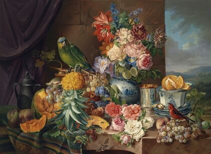 Stillleben Mit Früchten Blumen Und Papagei