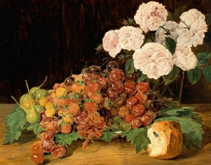 Stillleben mit Rosen, Erdbeeren und Brot — size preview