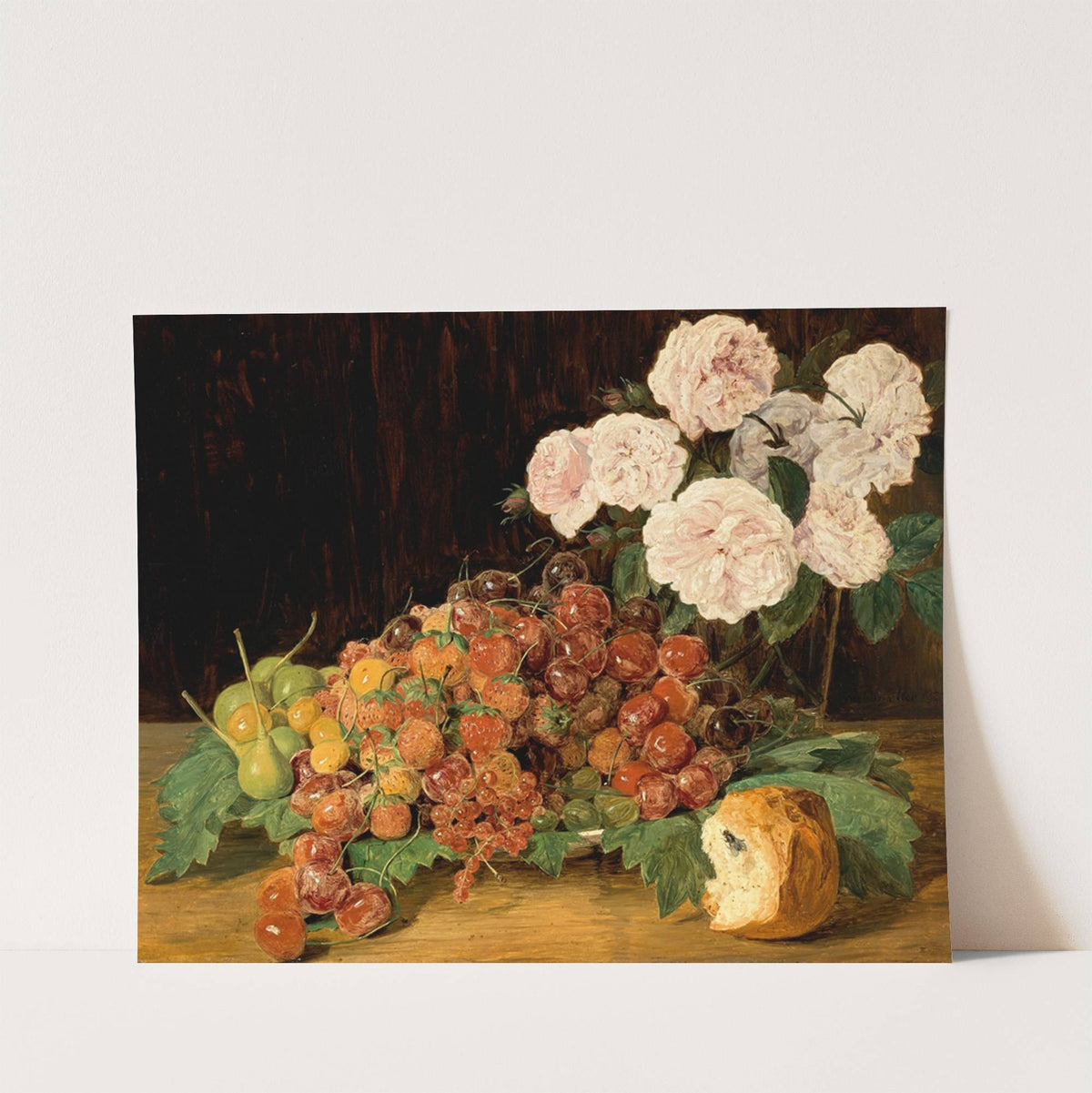 Stillleben mit Rosen, Erdbeeren und Brot (1827) by Ferdinand Georg Waldmüller