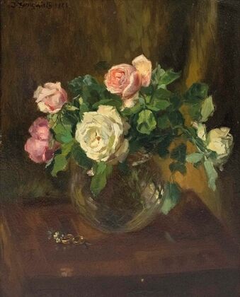 Stillleben mit Rosen in Glasvase und zwei Eheringen — size preview