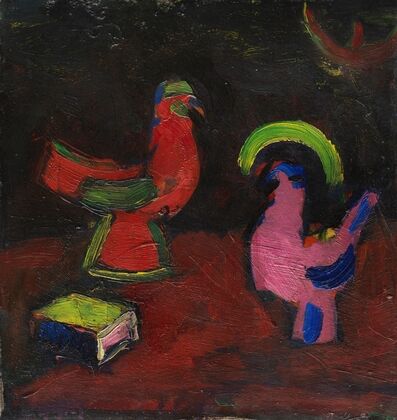 Stillleben mit Tierfiguren und einem Buch (Hahn, Henne und Schachtel) (1913)