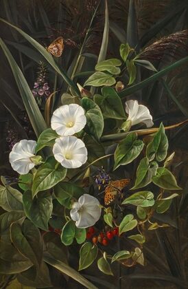 Stillleben mit weißen Winden, Schilfgras, Hagebutten und zwei Schmetterlingen (1843)