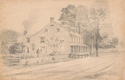 Stone tavern on a dirt road, smoke coming out of chimney at rear of building, sign at front shows a bird riding on the back of an animal (1850)