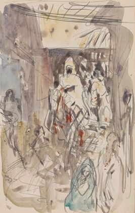 Straat met figuren en ruiters