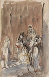 Straat met figuren, waaronder een ruiter