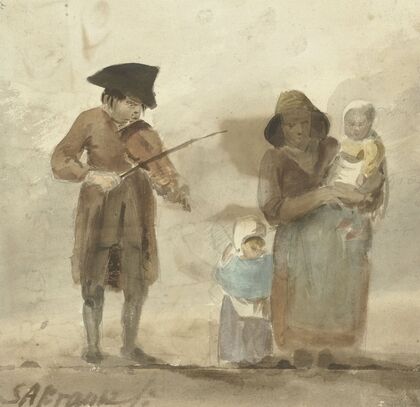 Straatmuzikant met vrouw en kinderen