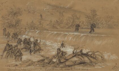 Straggling soldiers crossing the Rappahannock above the burnt bridge