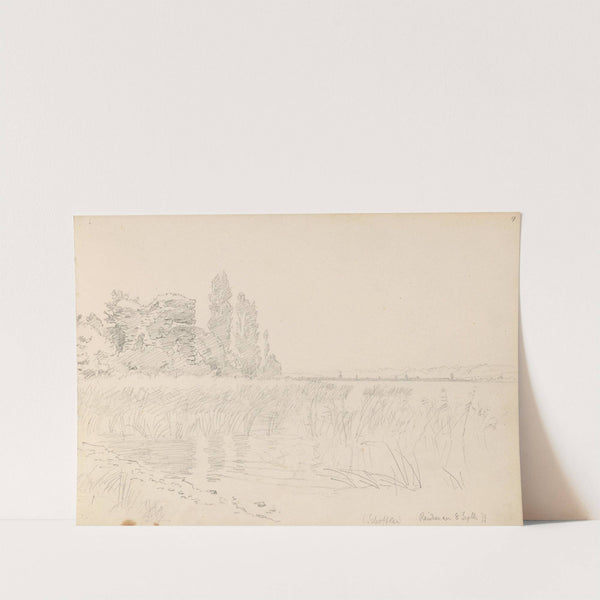 Strand med ruin og popler, Reichenau (1879) by Hans Gude