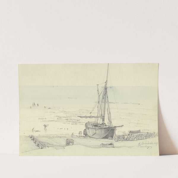 Strand mit großem Fischerboot und Lastwagen, von vier Paar Pferden gezogen (1849) by Fritz Bamberger