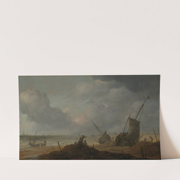 Strandszene mit Blick auf ein bewegtes Meer mit zahlreichen Schiffen by Pieter Mulier the Elder