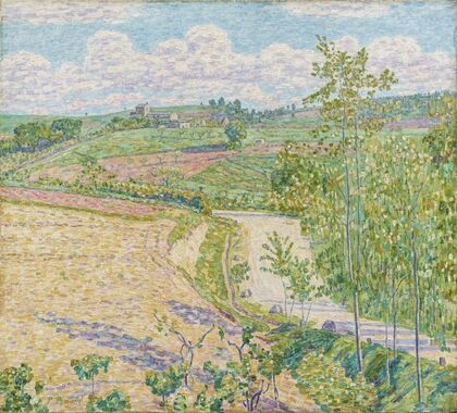 Straße an Feldern in Frühlingssonne zu toskanischem Gutshof auf einem Hügel (1912)