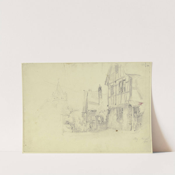 Straße im Dorf, rechts kommt aus dem Hause ein Mädchen heraus, im Hintergrund ein Turm by Jakob Fürchtegott Dielmann