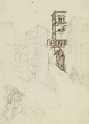 Straße in Rom mit einem Torbogen und dem Kirchturm von Santa Sabina