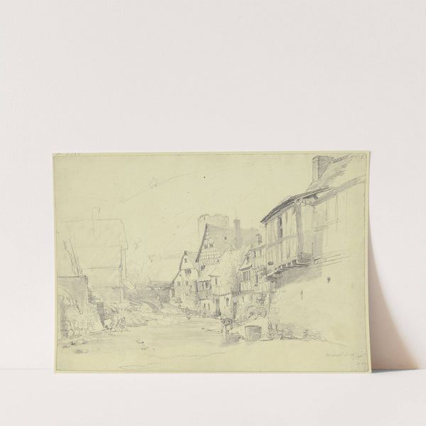 Straße mit breitem Bach, an dem zwei Frauen waschen by Jakob Fürchtegott Dielmann