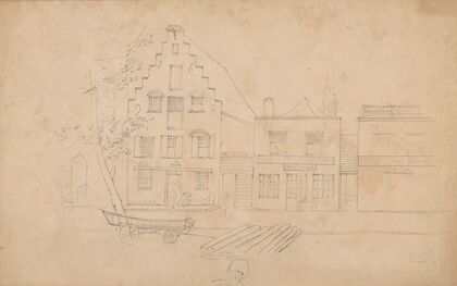 Street scene, likely in New York State – J698 house with stepped gable, and merchants