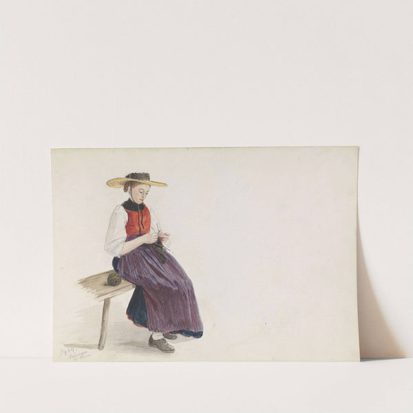 Strikkende ung pike med bred hatt, Meiringen (1864) by Adolph Tidemand