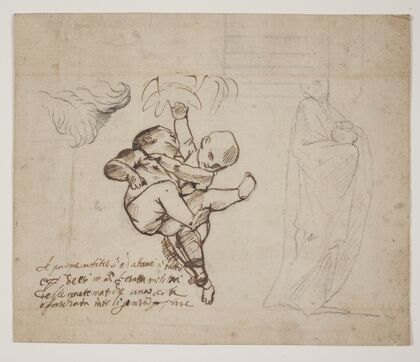 Studie til to legende putti, blade og en draperet figur med en urne