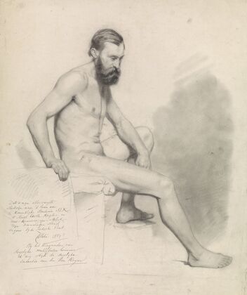Studie van een zittend mannelijk naakt, naar rechts
