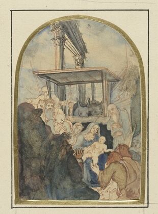 Studie voor een aanbidding der koningen, op de achtergrond een ruïne met twee Corinthische zuilen — size preview