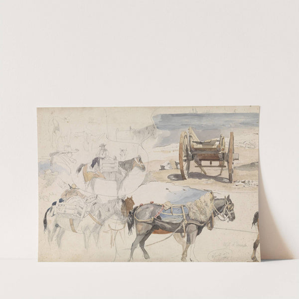 Studieblad met schelpenkar op het strand en diverse studies van paarden (1852) by Willem Anthonie van Deventer