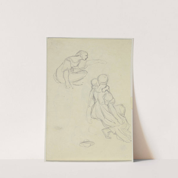 Studienblatt; Auf dem Boden kauernde Frau und Rückenansicht einer sitzenden Frau mit Kleinkind by Jakob Becker